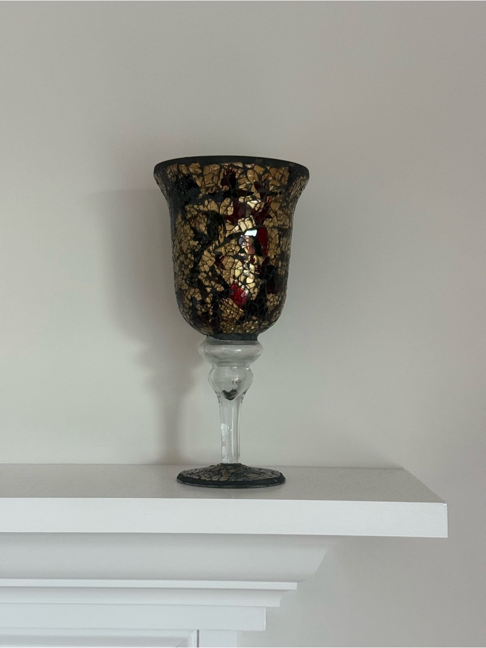 Gold black & red  Mosaic Glass Goblet hurricane candle Black & Red Accents